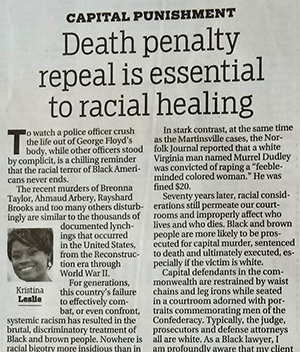 scan of a newspaper article about death penalty repeal